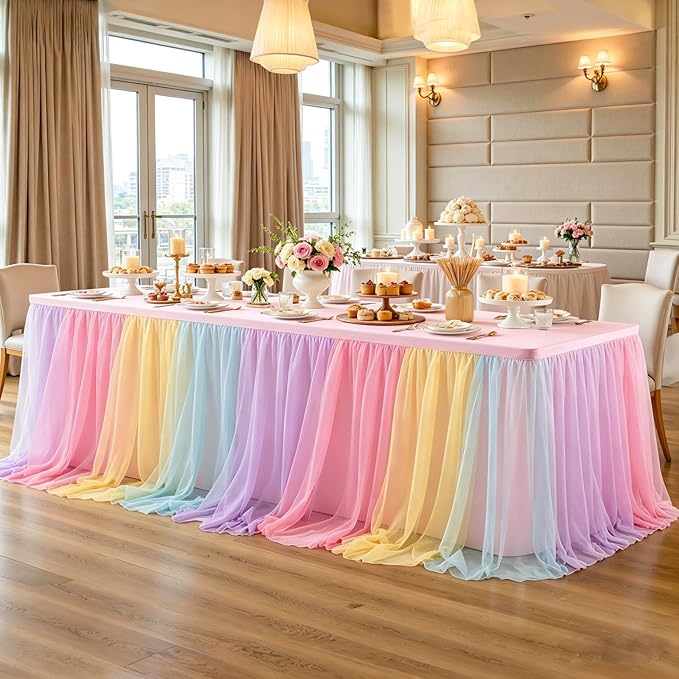 4 Pack Rainbow Tablecloths with Tulle Table Skirt for 8 Foot Rectangle Tables, Party Ruffle Tutu Table Skirt Stretch Fitted Covers for Wedding Reception Birthday Baby Shower Celebration Banquet Event