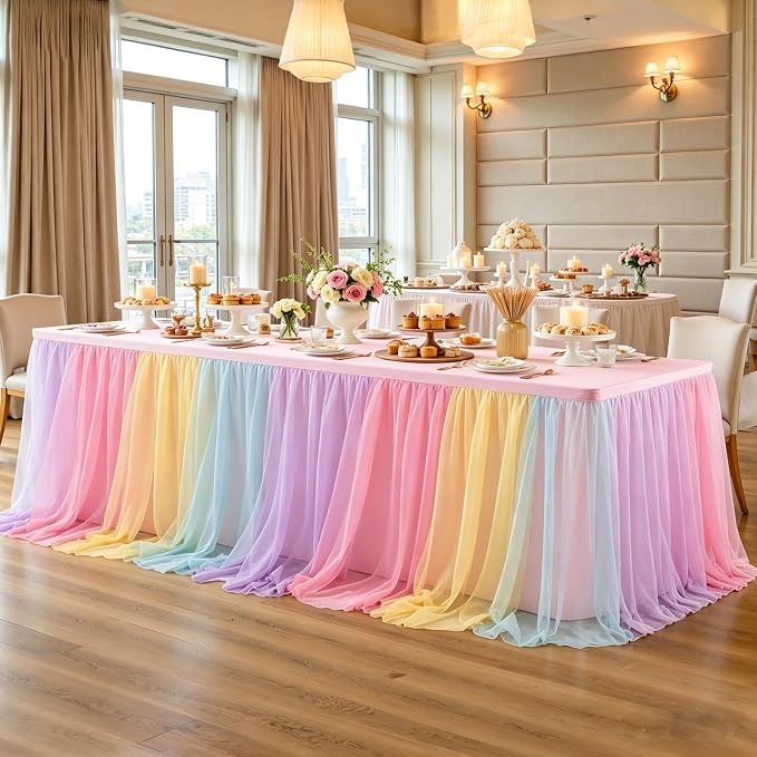 2-in-1 Rainbow Tablecloths with Tulle Table Skirt for 8 Foot Rectangle Tables, Party Ruffle Tutu Table Skirt Stretch Fitted Covers for Wedding Reception Birthday Baby Shower Celebration Banquet Event