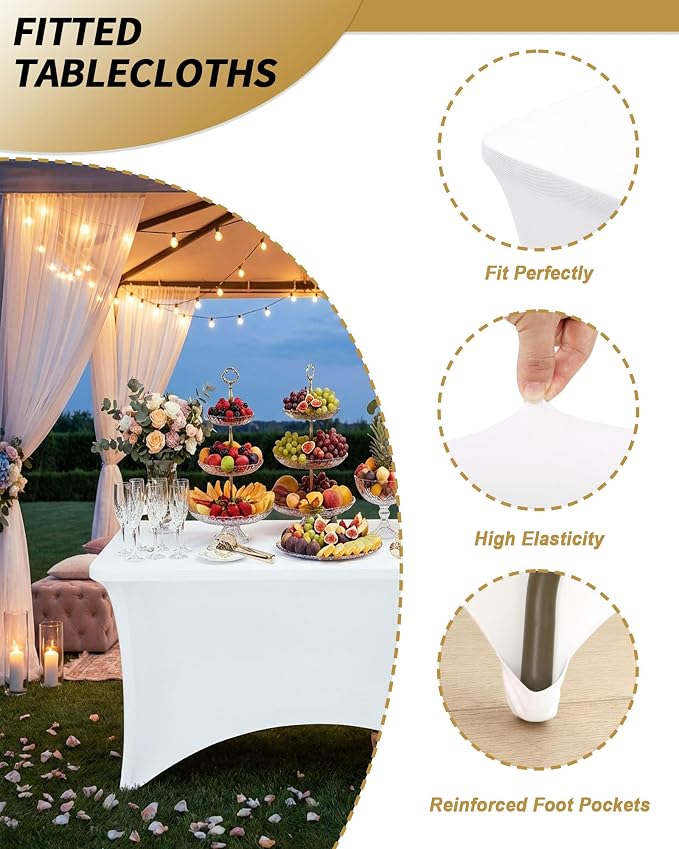 Fixwal 3 Pack White Tablecloth Rectangle 4Ft, Stretch Spandex Fitted Table Cover for Party, Trade Show, Wedding, Buffet, Graduation, Vendor Stand