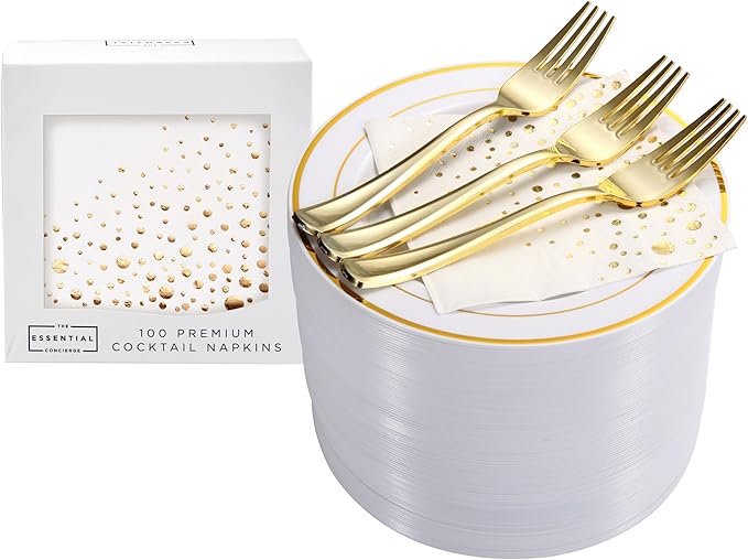 Stylish Gold Dessert Plates, Napkins and Forks, 100 7.5 Inch Wedding Cake Plates and Forks with Cocktail Napkins, Plastic Cocktail Plates for Appetizers, Gold Cake Plates for Wedding Reception