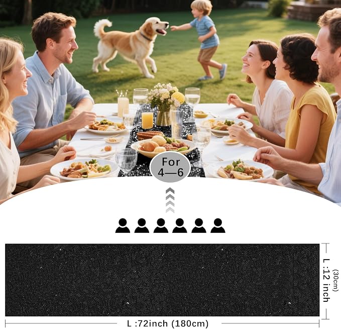 10 Packs 12 x 72 inches Black Sequin Table Runner, Glitter Runner for Birthday Party Supplies Wedding Holiday Celebration Baby Shower Engagement Anniversary Decor
