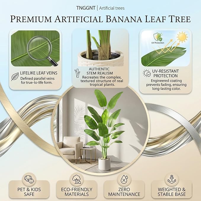 Artificial Bird of Paradise Plant: 7FT Faux Traveler's Palm Fake Banana Tree Elephant Ear Leaf Tall Silk Floor Plant in White Pot for Home Decor Indoor Office Entryway Balcony Patio Cafe Hotel