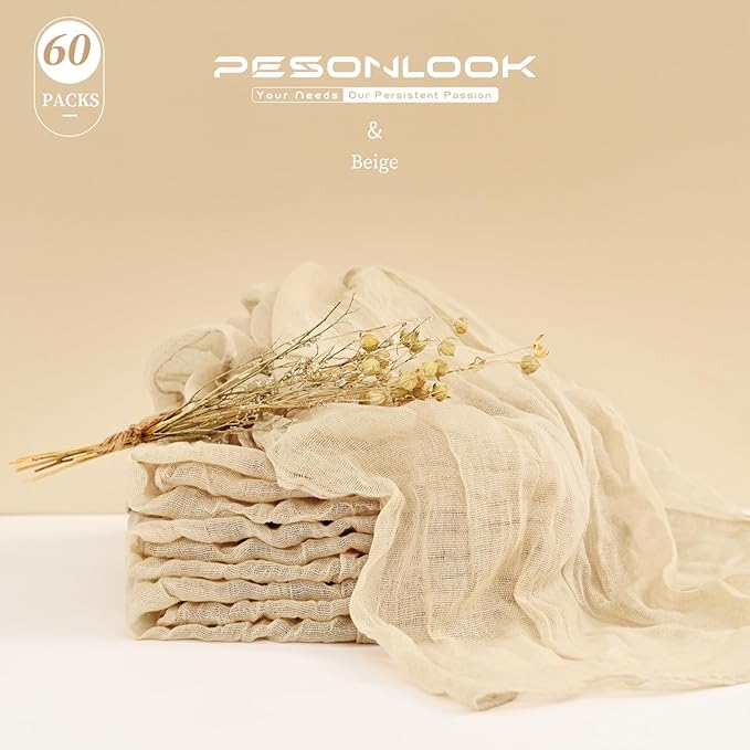 60 PCS Beige Gauze Cheesecloth Napkins,20x20 Inch Gauze Napkin Rustic Wrinkled Cheesecloth Napkin Bulk Washable Dinner Table Napkins for Wedding Party Bridal Shower Baby Shower Events Decor
