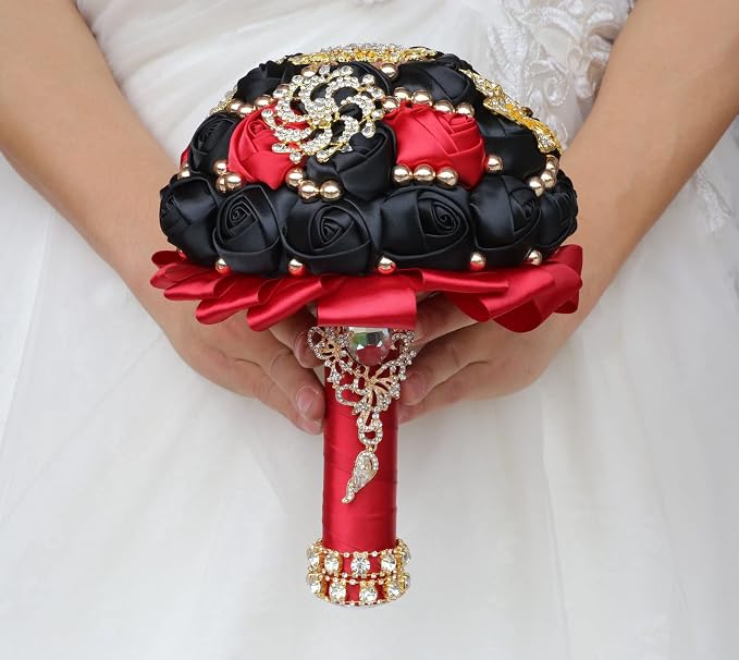 Burgundy and Black Bridal Wedding Bouquet Luxury Gold Rhinestone Brooch Bouquet for Bride Bridesmaid Quinceanera Satin Rose Artificial Flower Bouquet Wedding 7.1in
