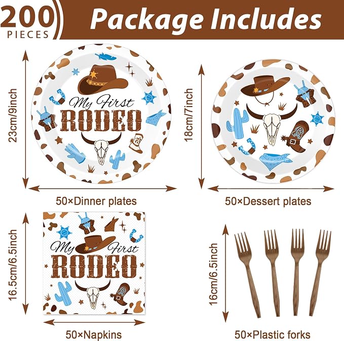 50 Guests My First Rodeo Birthday Party Supplies Decoration 1st Rodeo Party Birthday Plates and Napkins Forks Western Cowboy Tableware My First Rodeo Paper Plates for Boy Baby Shower Party 200PCS