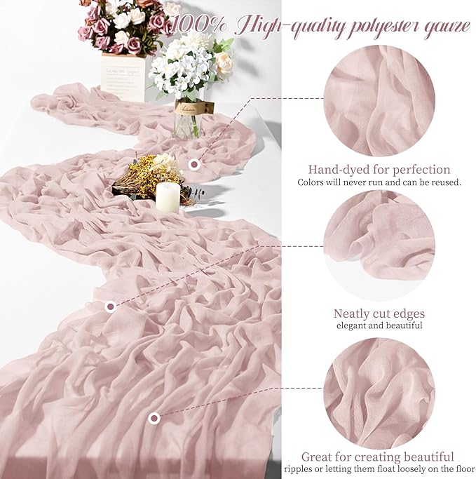 Teruntrue 24 Packs Pink Cheesecloth Table Runner,10ft Rustic Gauze Boho Wedding Table Runner Decoration, Wedding Table Decor Sheer Table Runner for Wedding Party Bridal Shower Table