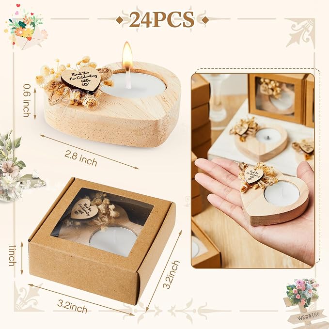 24 Pcs Wedding Candles Favors Rustic Wood Heart Candle Holders Bridal Shower Thank You Gifts for Guest Anniversary,Engagement Party Favors Decor (Natural Color)