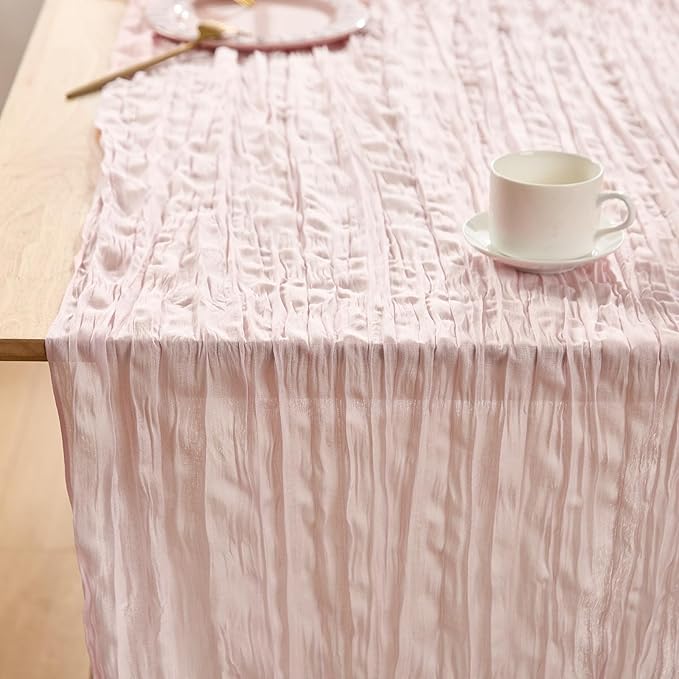 Blush Pink Spring Table Runner Boho Cheesecloth Table Runner 120 inches Crinkled Gauze Sheer Mother's Day Table Centerpieces for Wedding Ceremony Anniversary Bridal Baby Shower Banquet