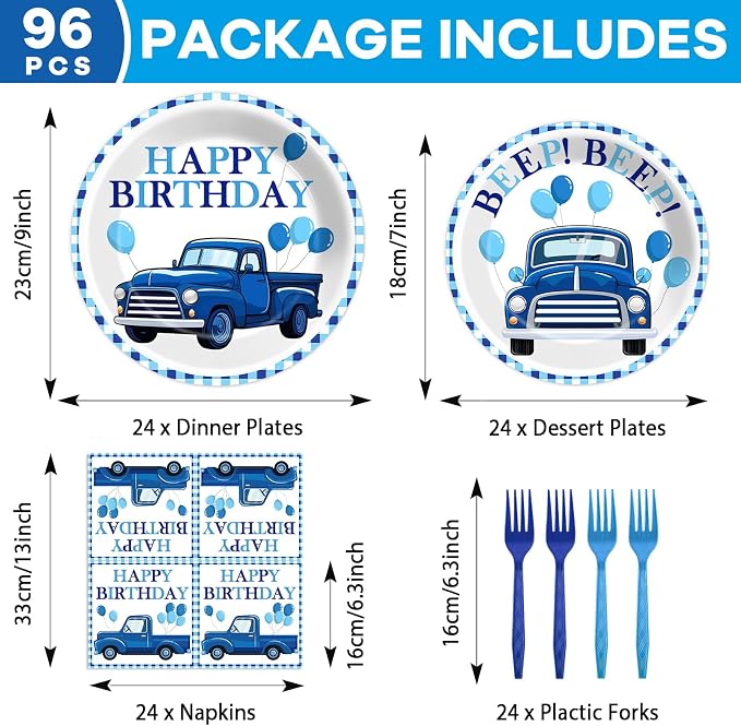 96 Pcs Blue Truck Party Decorations Blue Truck Happy Birthday Plates and Napkins Farm Car Theme Tableware Set Blue-White Themed Party Supplies for Kids Boys Birthday Baby Shower Serve 24