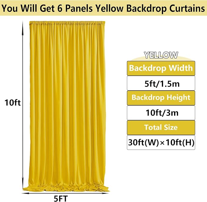 30ft×10ft Yellow Wrinkle Free Backdrop Curtain for Party Wedding, 6 Panels 5×10ft Soft Silky Polyester Photo Backdrop Drapes Curtains forBirthday Bee Parties Baby Shower Photography Backgrounds