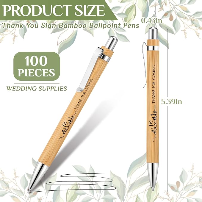 Fumete 100 Pieces Bamboo Wedding Pens Bulk Ballpoint Black Ink Bridal Shower Pens for Wedding Bridal Shower Guest Book Game Gifts Proposal Bachelor Party Favors