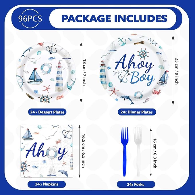 Nautical Party Plates and Napkins Ahoy Its A Boy Baby Shower Decorations Disposable Anchor Nautical Tableware Sets for Boys Baby Shower Ocean Gender Reveal Birthday Sailing Party Supplies Serves 24