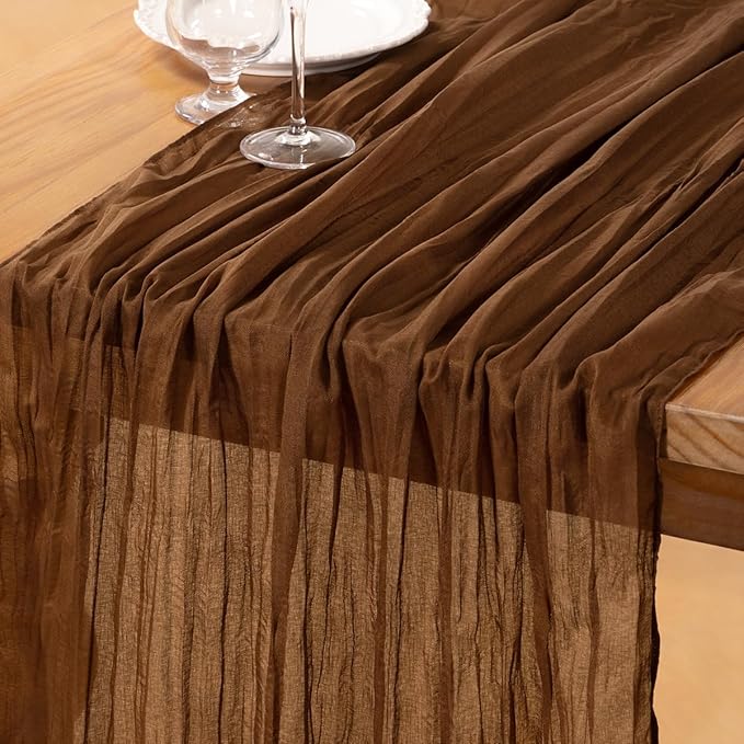 DeZerlor Brown Cheesecloth Table Runner Spring Easter Table Runner Boho Gauze 120 Inches Marron Cheese Cloth Table Decor for Wedding Bridal Baby Shower Parties