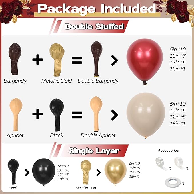 Double Stuffed Burgundy Gold Black Balloon Arch Kit, Maroon Nude Balloon Garland Kit Dark Red Apricot Garnet Wine Red Latex Balloons for Graduation Birthday Anniversary Wedding Party Decorations