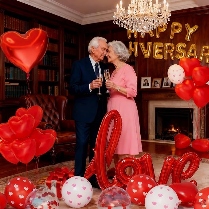 Happy Anniversary Decorations - Romantic Decor for Wedding, Valentines Day Heart Balloons for Bedroom, Party Decor Supplies