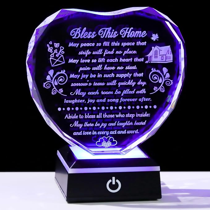Crystal House Warming Gifts Bless This Home Heart-shaped Plaque with LED Light Base for Women Men Meaningful New Home Gifts Ideas for Family