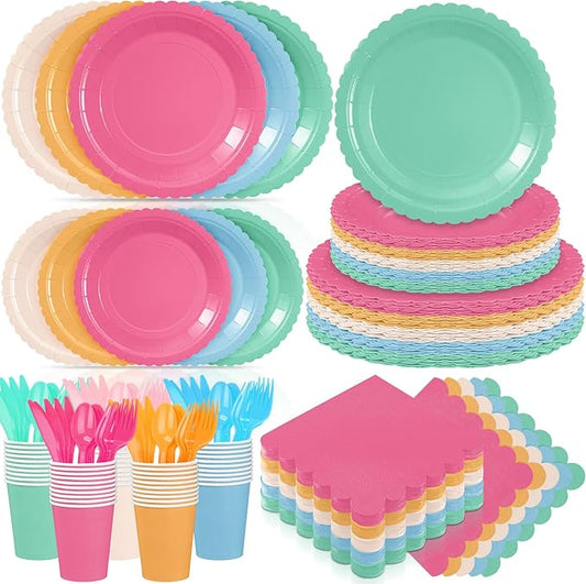 Zhehao 350 Pcs Candy Colors Party Supplies Set Colorful Disposable Tableware Kit with Plates, Cups, Napkins, Cutlery for Baby Shower, Birthday, Wedding