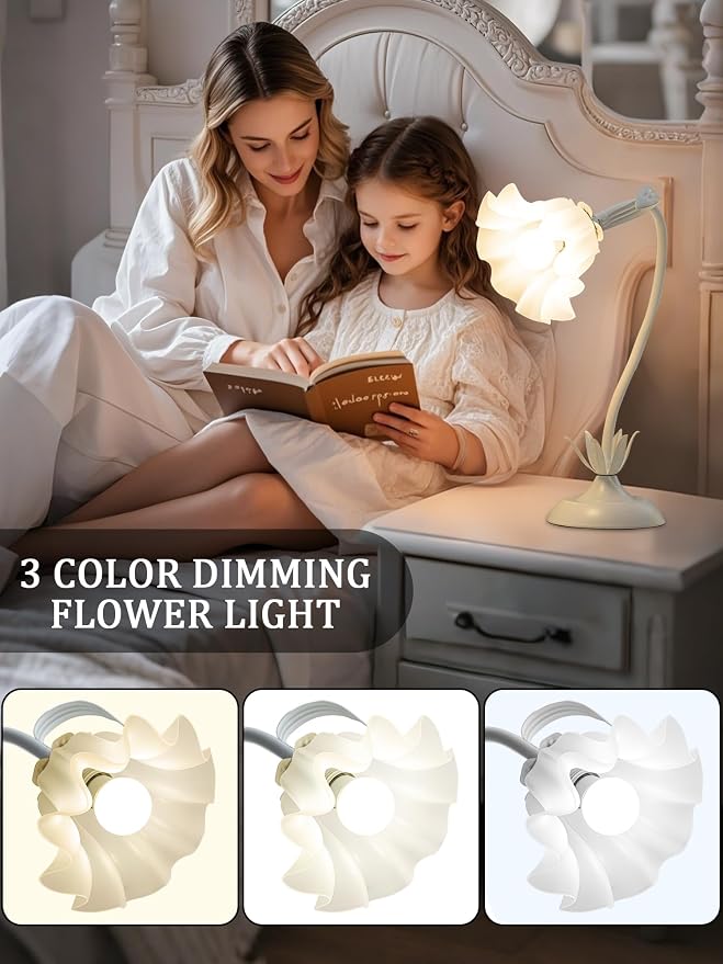 AQDZCNF Flower Table Lamp,LED Reading Light Bedside Vintage Flower Night Light,3 Colors Modes Kawaii Bedside Lamps Decor,Living Room Bedroom Room Lighting Table Lamps Home Decoration (White)