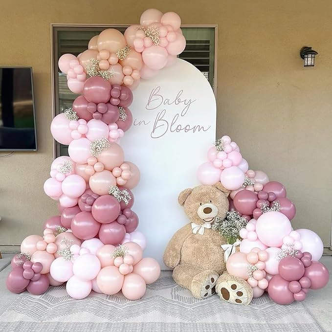 Pearl Dusty Pink Balloon Arch, Boho Double Stuffed Blush Pink Pearl White Balloons, Neutral Dusty Rose Ivory Clear Balloon Garland for Wedding Engagement Baby Bridal Shower Birthday Party Decorations