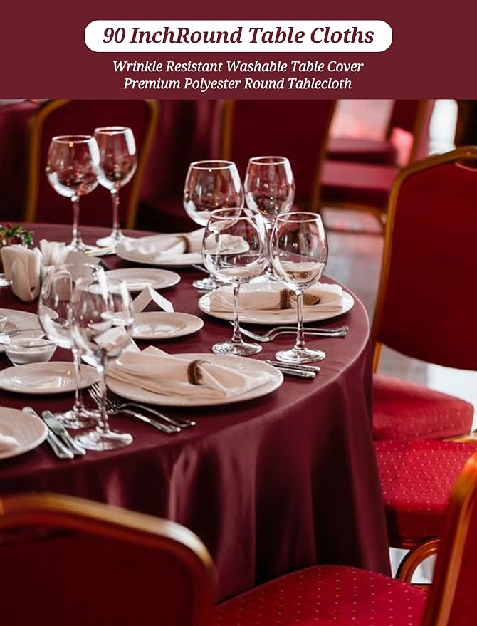 10 Pack Burgundy Round Tablecloths 90 Inch, Polyester Round Table Cloth Circle Bulk Linen Washable Table Cloth Stain and Wrinkle Resistant Circle Table Cover for Wedding Party Dining Banquet