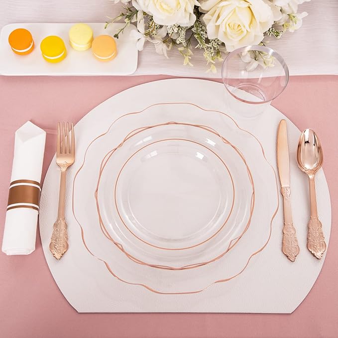 NOCCUR 350PCS Rose Gold Plastic Plates - Clear Rose Gold Disposable Dinnerware Set - Include 100 Dinner/Dessert Plates,50 Cups,50 Pre Rolled Napkins with Cutlery Set - Ideal for Party/Mother's Day