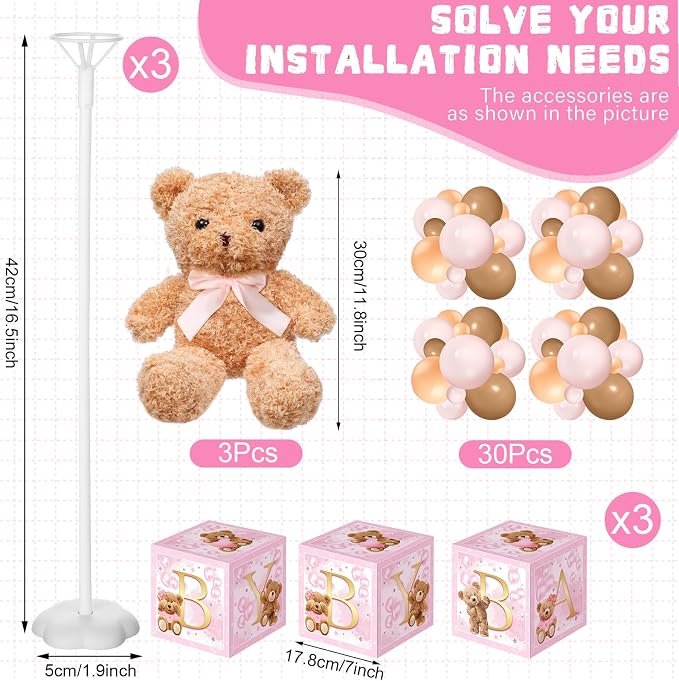 Lenwen 3 Sets Jungle Animal Decoration for Baby Shower Letter Boxes Baby Shower Table Centerpiece Stuffed Animals Balloon with Stand Plush Boxes for Party(Pastel,Bear)