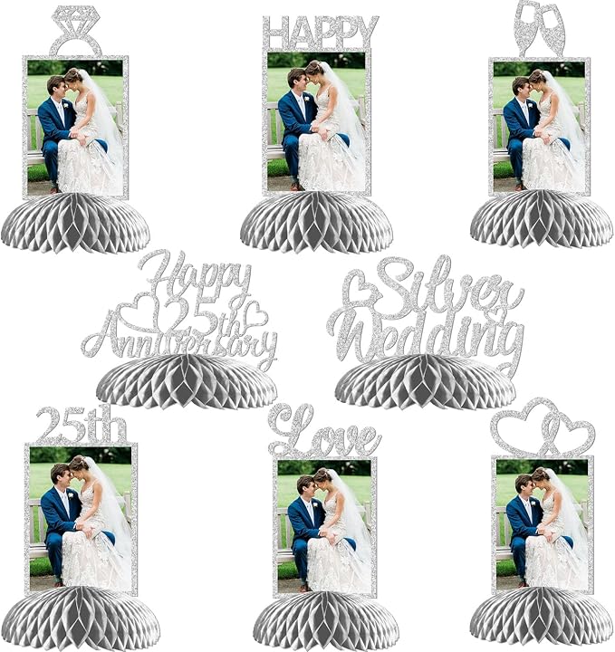 25th Wedding Anniversary Decorations, 25th Silver Wedding Photo Table Centerpieces Happy 25 Anniversary Table Toppers Honeycomb Decorations We Still do 25 Years Cheers to 25 Years Supplies