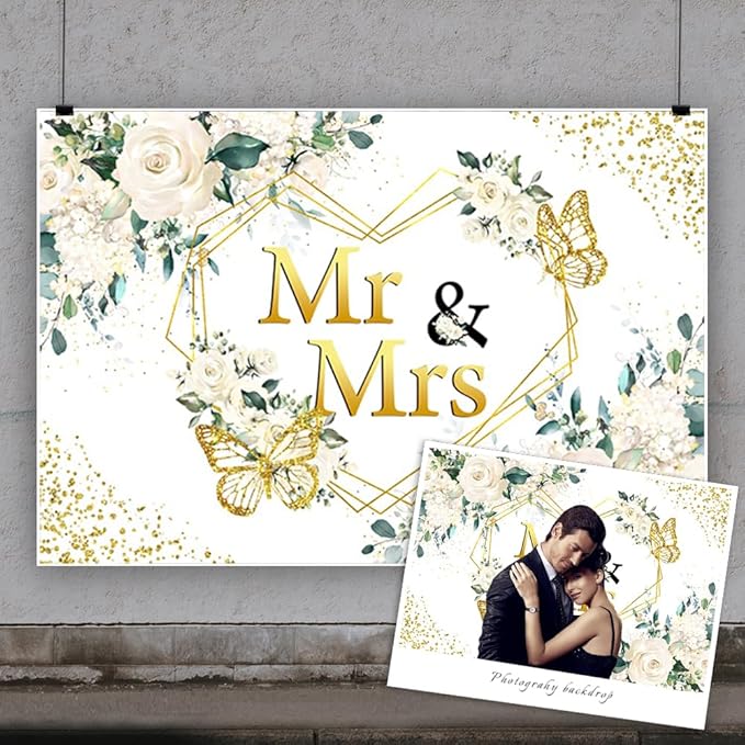 12x8ft Mr&Mrs Bridal Shower Backdrop White Floral Gold Glitter Dots Hearts Geometric Butterfly Photography Background for Couples Wedding Party Decoration Bride to Be Engagement Banner Props