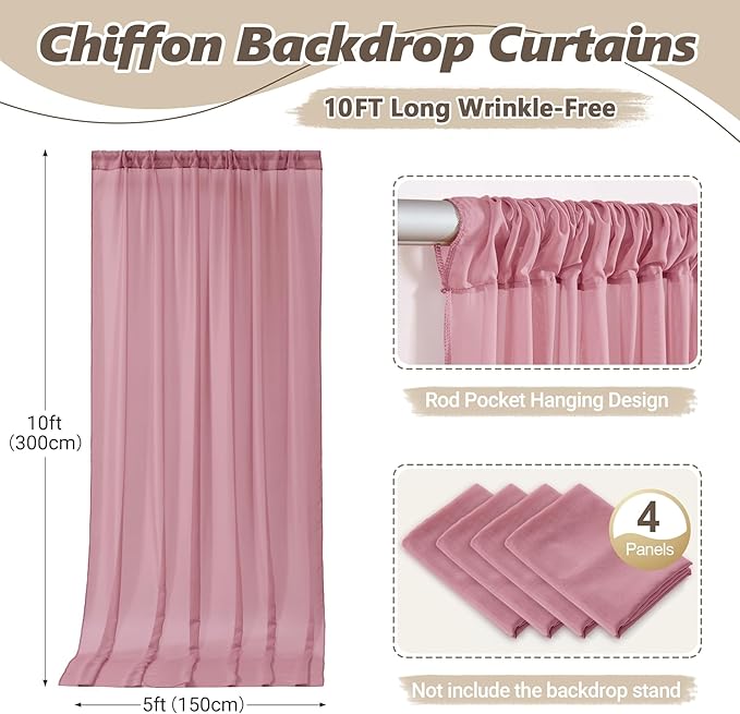20ft x 10ft Dusty Rose Backdrop Curtains, Wrinkle-Free Sheer Chiffon Fabric Photo Backdrop Drapes for Wedding Arch Party Ceremony Stage Photography Birthday Decorations