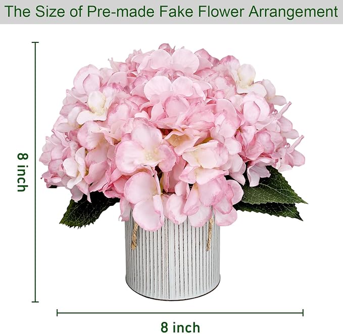 Flower Table Centerpieces - Set of 6 Floral Arrangement Artificial Wedding Hydrangeas Floral Arrangement with Rustic Metal Vase for Bridal Tea Party Event Decorations - Pink