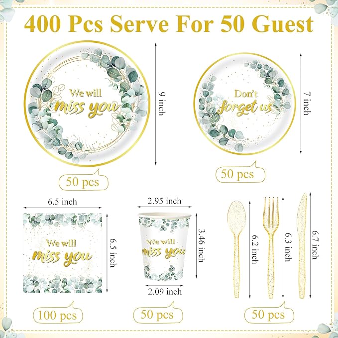 Pickmesh 400 Pcs Sage Green Farewell Party Supplies Include We Will Miss You Disposable Paper Plates Napkins Cups Cutlery for Coworkers Going Away Goodbye Retirement Party Decorations Serve 50