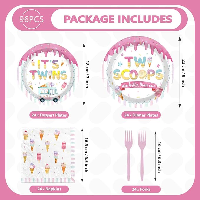 96Pcs Twins Baby Shower Decorations Ice Cream Twin Birthday Plates and Napkins Two Scoops are Better Than One Tableware Set for Twins Girls Boys Baby Shower Party Supplies Serves 24