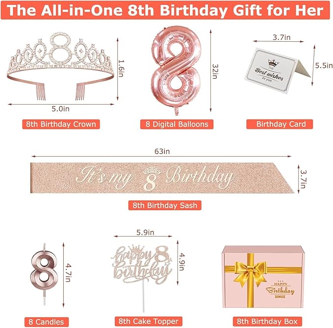 8th Birthday Decorations for Girls, Including 8th Birthday Sash and Tiara, Cake Topper and Candle, Number Balloon, 8 Year Old Girl Gifts