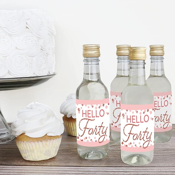 Big Dot of Happiness 40th Pink Rose Gold Birthday - Mini Wine and Champagne Bottle Label Stickers - Happy Birthday Party Favor Gift for Women and Men - Set of 16