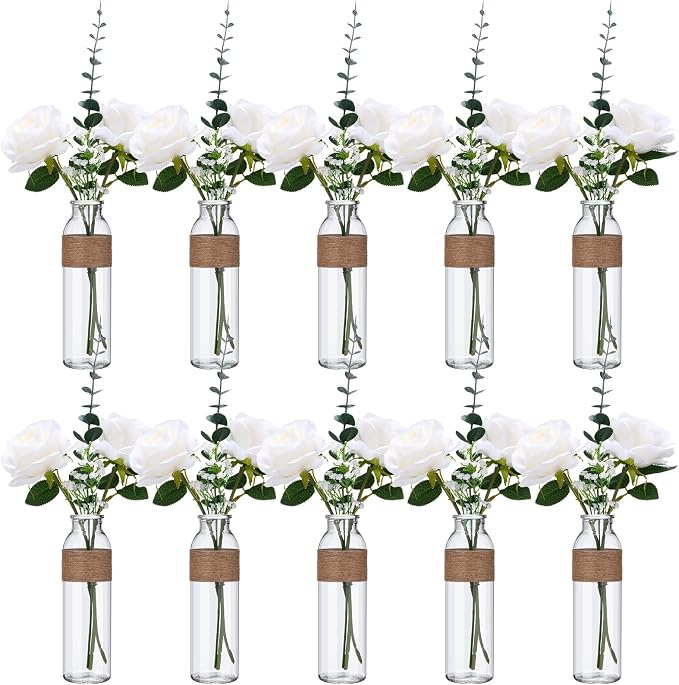 Qinyoung 10 Set Clear Glass Vase with Flowers Centerpieces 10 Clear Glass Jars 40 Artificial Plant with Rope Table Centerpieces for Wedding Rustic Baby Shower Party Farmhouse Home Decoration