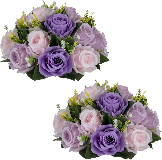 NUPTIO Artificial Flower Ball Centerpieces: Lilac & Purple & Pink Rose Arrangements for Wedding Party Tables - 2 Pcs Faux Silk Floral DIY Kissing Balls for Home Event Dining Decorations