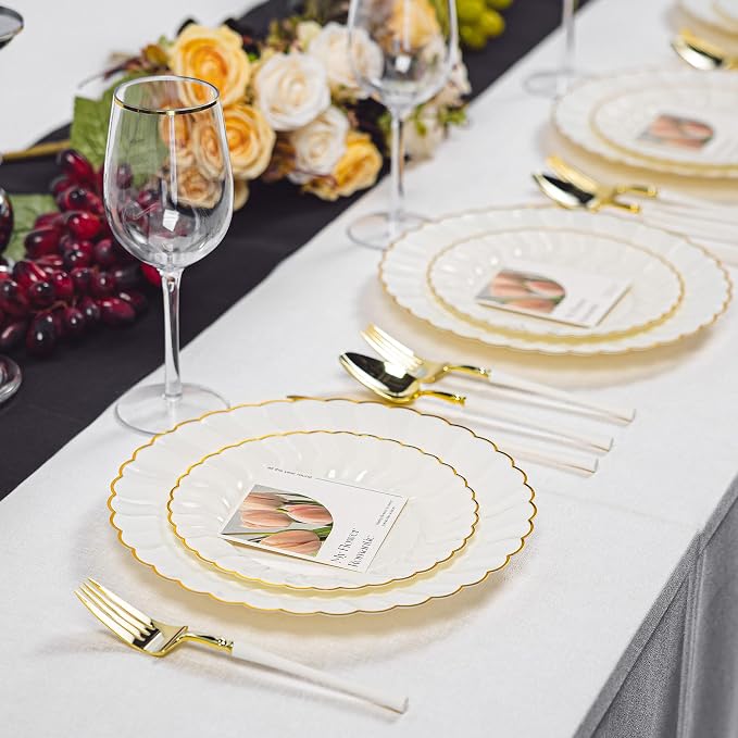 HOMIP 150PCS Ivory Plates with Gold Disposable Silverware - Include 60 Scalloped Plastic Plates, 30 Knives, 30 Forks, 30 Spoons Elegant & Lightweight for Weddings, Birthdays, Parties