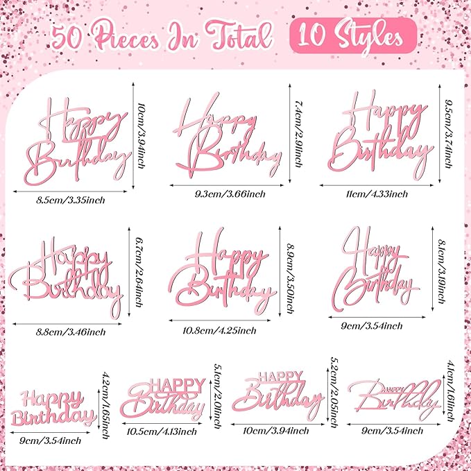 Barydat 50 Pcs Happy Birthday Cake Toppers Bulk Mirror Acrylic Cupcake Topper Cupcake Decorations Happy Birthday Sign for Cake Side Inserts Decor Party Supplies 10 Style (Pink)