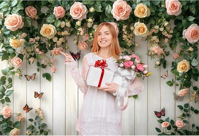 Baocicco 5x3ft Wooden Flower Backdrops for Photography Spring Botanical Green Leaves Butterfly Farmhouse Background for Engagement Bridal Shower Baby Shower Birthday Wedding Party Decoration Supplies