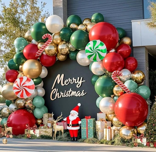Christmas Balloon Arch Kit, Double Stuffed Red Green White Pearl Balloon Garland Sage Green Red Gold Balloons With Candy Cane Balloons for Christmas Birthday Xmas Santa Holiday New Year Party Decor