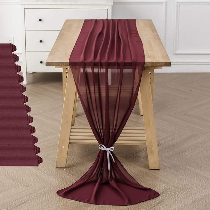 12Pack 9ft Christmas Chiffon Table Runner 14x108 Inch Sheer Romantic Table Runner for Wedding Birthday Party Bridal Shower Outdoor Decoration -Burgundy