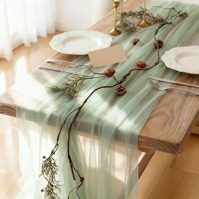 Table Runner Mint Green Sheer Chiffon 35x120 Inches for Spring Party Baby Shower Home Dining Table Decor