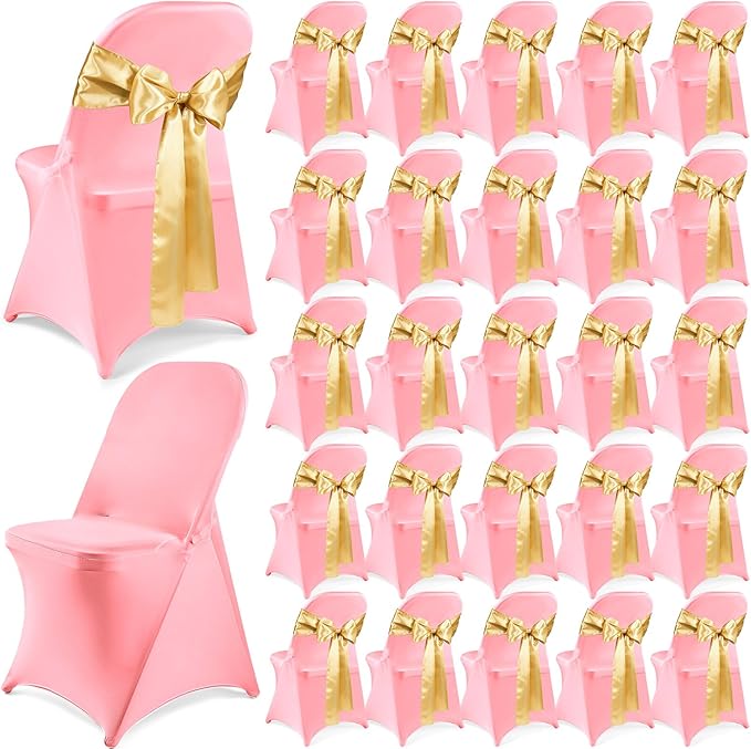 Lounsweer 50 Pcs Folding Chair Cover Set with 25 Stretch Spandex Slipcovers 25 Satin Chair Sashes Bows Ribbon Washable Banquet Protector for Wedding Event Party(Pink, Light Gold)