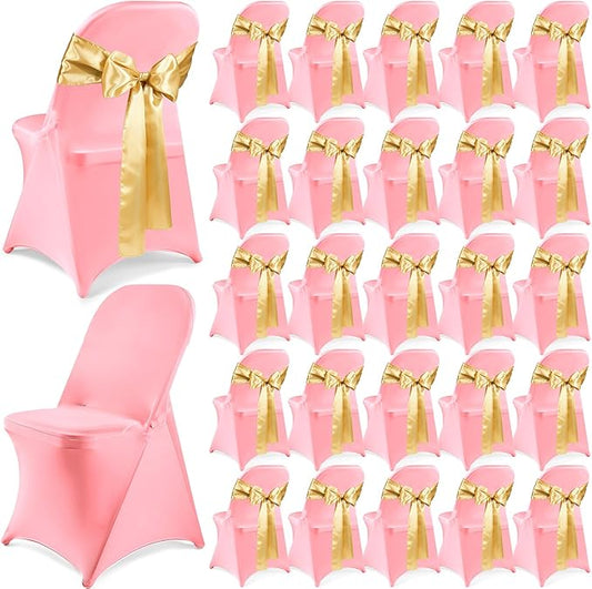 Lounsweer 50 Pcs Folding Chair Cover Set with 25 Stretch Spandex Slipcovers 25 Satin Chair Sashes Bows Ribbon Washable Banquet Protector for Wedding Event Party(Pink, Light Gold)