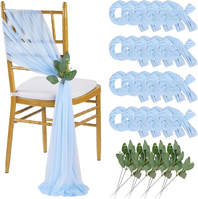 QueenDream Light Blue Sashes Chair Aisle Decorations: 24 Pack Baby Shower Chair Cover 8FT Long Tulle Draping Fabric Wedding Reception Church