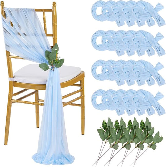 QueenDream Light Blue Sashes Chair Aisle Decorations: 24 Pack Baby Shower Chair Cover 8FT Long Tulle Draping Fabric Wedding Reception Church