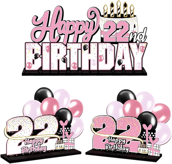 LINGTEER Happy 22nd Birthday Pink Acrylic Table Topper Centerpieces Set - Cheers to 22 Years Old Birthday 22nd Bday Party Gift Decorations.