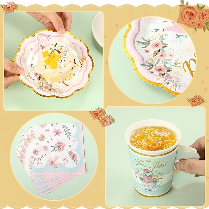Yungyan 216 Pcs 72 Guest Tea Party Plates and Napkins Sets Floral Tea Party Supplies 6" Paper Plates, 9 oz Cups and Saucers Disposable Tableware Set for Birthday Wedding Bridal Shower Decorations