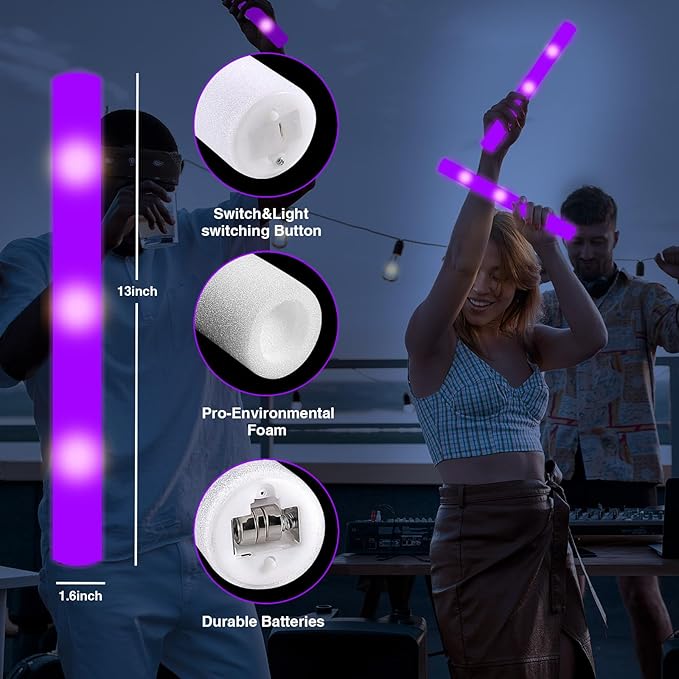 60Pack LED Glow Foam Sticks Bulk,Light Up Glow Sticks with 3 Flashing Modes,Glow Wands Party Pack,Glow In The Dark Party Supplies for Mother's Day,July 4th, Wedding,Birthday,Concert(Purple)