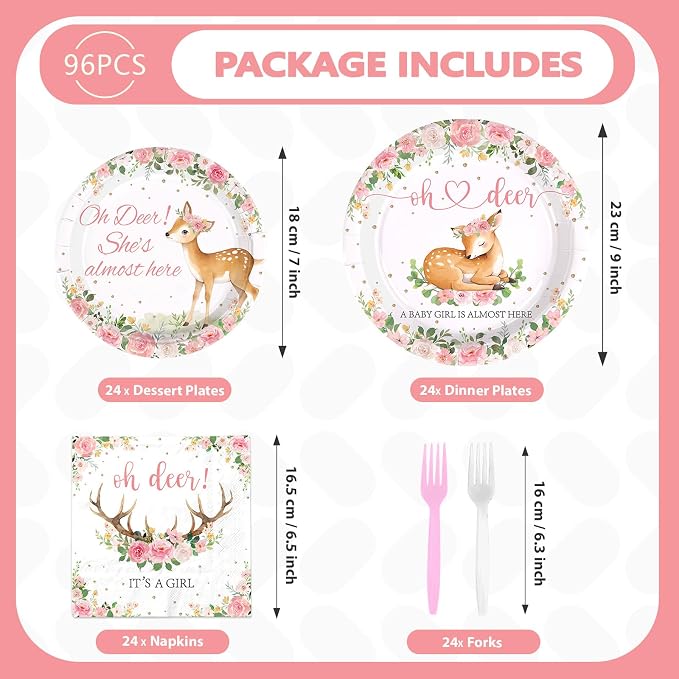 96Pcs Oh Deer She's Almost Here Baby Shower Party Pink Deer Tableware Set | Disposable Pink Deer Themed Woodland Animal Tableware for Girls Animal Baby Shower Gender Reveal Party Supplies Serves 24
